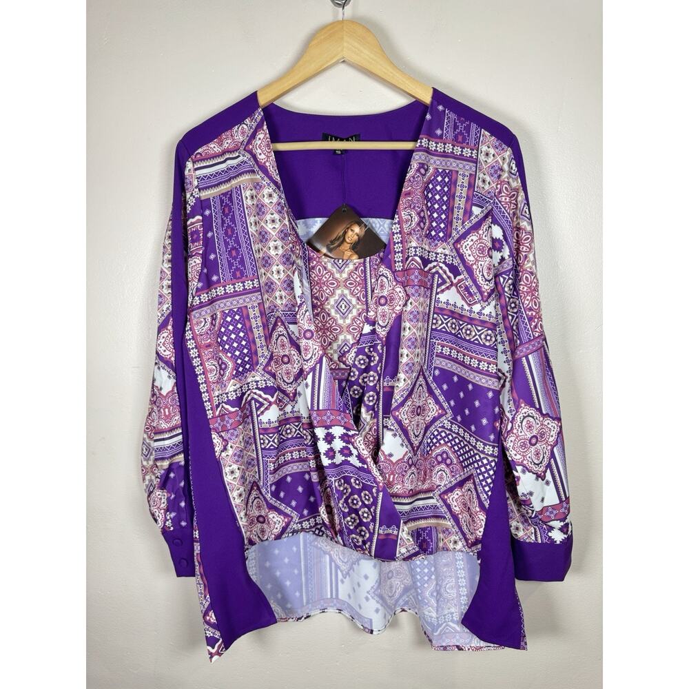 NWT IMAN women’s Blouse XL Boho Patchwork Paisley Hi Low Hem Drape Front Purple